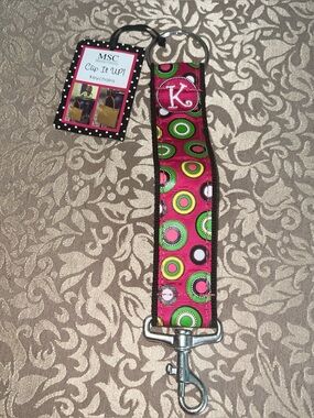 MSC Purse Key Chain BAG CLIP 8" PINK Strap BOLD POLKA DOTS  Monogram Letter K